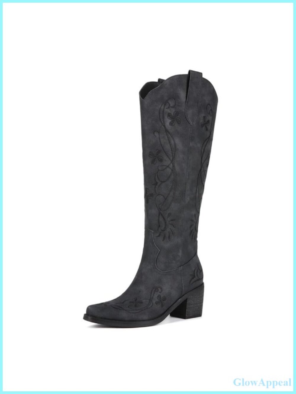 ZJA Floral Embroidered Faux Leather Knee High Cowboy Boots Pull On